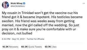 Nicki Minaj told 22.6m people COVID vaccines cause 'swollen testicles'