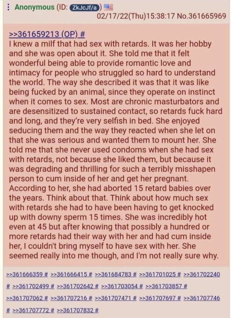 4chan greentext about a milf that had sex with retards
