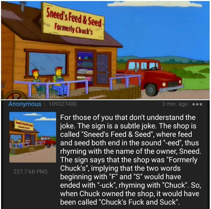 Anon on 4chan explains the Simpsons Sneeds's Feed & Seed joke